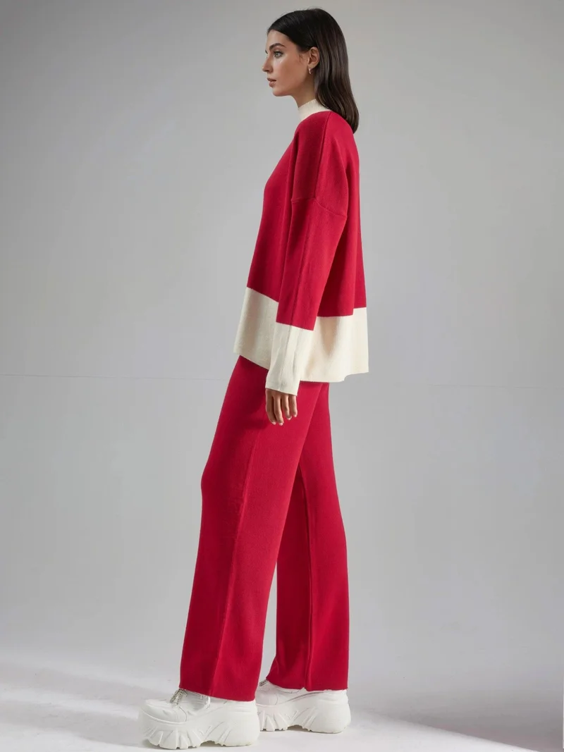 MY FASHION Red MY FASHION Ribbed Knit Co-Ord Set with Half Turtleneck for Women | Best Price UAE